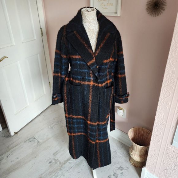 SOLD Trina Turk Wool double breasted mohair long coat fun colors  belt 6 - Picture 2 of 13